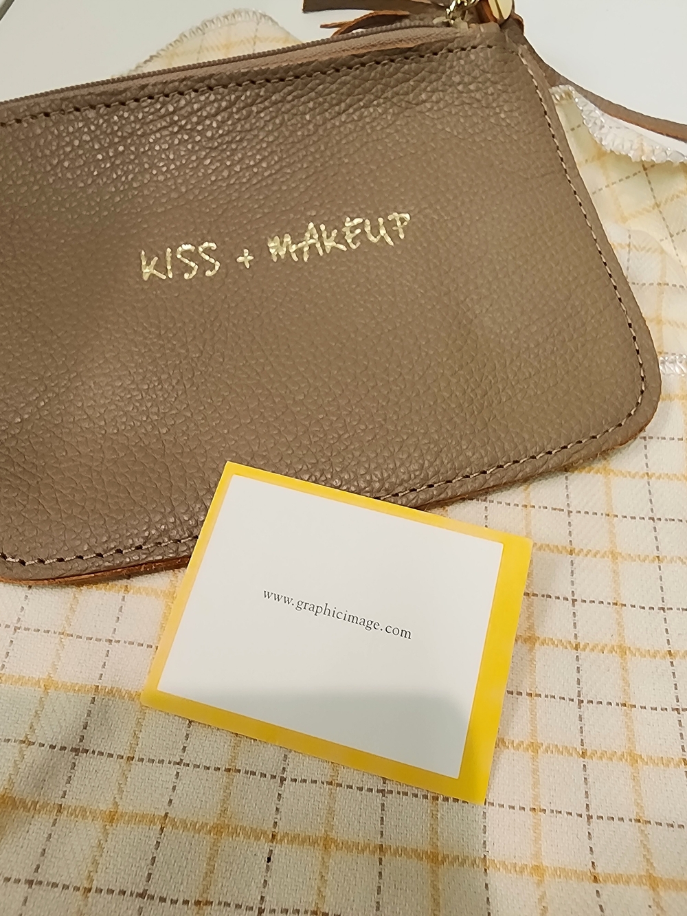 Graphic Image Taupe 'Kiss + Makeup' Zippered Cosmetic Pouch with Gold Foil